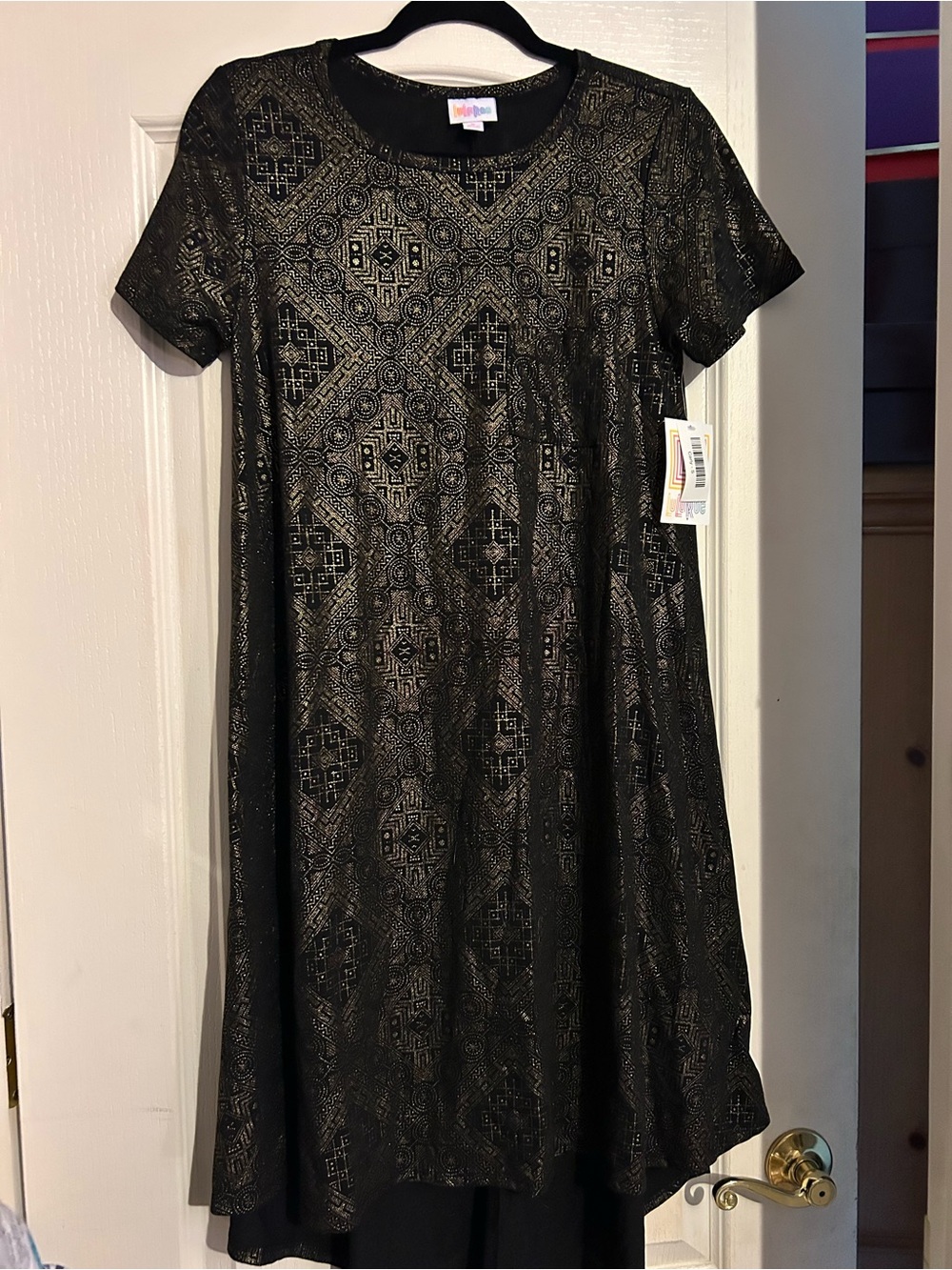 LuLaRoe Black Gold Lace-Overlay Swing Elegant Dress small new